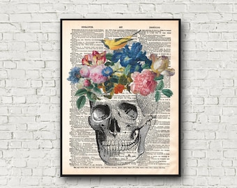 Floral Skull Dictionary Art Print Flowers Birds Pastel Goth Wall Art