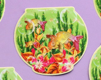 Teal Fish Bowl Vinyl Sticker - Koi Fish Oriental Kawaii