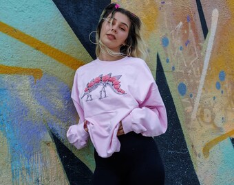 Dinosaur Baby Pink Sweater Oversized Jumper Stegosauraus Floral Anatomy Print Soft Goth Pastel Goth Grunge Clothing Kawaii Fashion