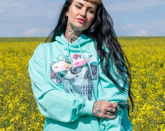 Anatomy Floral Skull Hooded Top Peppermint Green Oversized Hoody Pastel Clothing Pastel Goth Kawaii Clothing Hoodies For Women