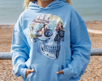 Mermaid Skull Oversized Hoodie - Baby Blue Nautical Pullover