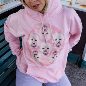 May include: A pink hoodie with a graphic print of multiple baby faces in a circle on a pink background.