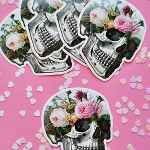 May include: Five stickers of a black and white anatomical skull with a floral arrangement inside. The flowers are pink, white, and yellow. The stickers are on a pink background with white confetti hearts.
