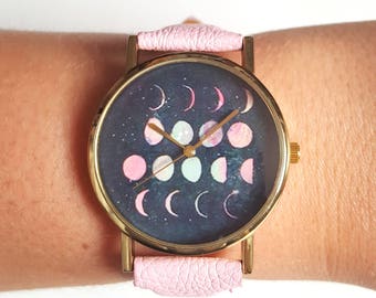 Moon Phase Watch Pastel Pink Watch Astronomy Space Celestial Womens Watch Cute Gift For Her