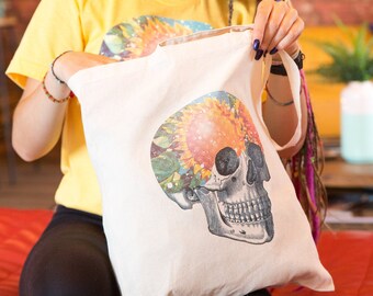 Sunflower Skull Canvas Tote Bag Sunflower Print Tote Bag Sunflower Shopper Bag Reusable Bag Skull Bag Grunge Bag 90s Grunge Grunge Aesthetic