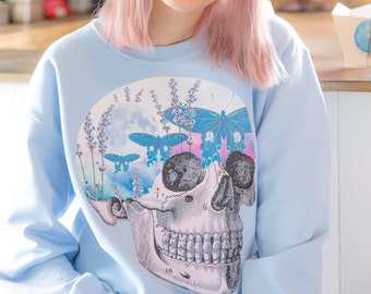 Lavender Moon Skull Sweater Oversized Sweater Pastel Goth Pastel Clothing Soft Goth Moon Celestial Print Insect Nature Print Jumper