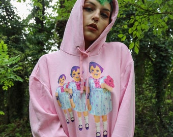 Beetle Triplets Doll Graphic Hoodie, Pastel Goth Creepy Top