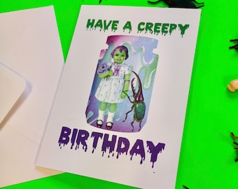 Tarjeta de cumpleaños de muñeca espeluznante: Tarjeta de felicitación de terror gótico