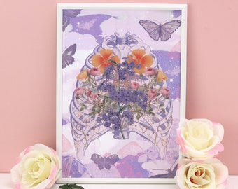 Pastel Goth Ribcage Butterfly Art Print: Fairycore Grunge Wall Decor