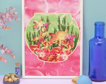 Fish Bowl Art Print Oriental Print Cottage Core Cute Kawaii Kitsch Bathroom Wall Art