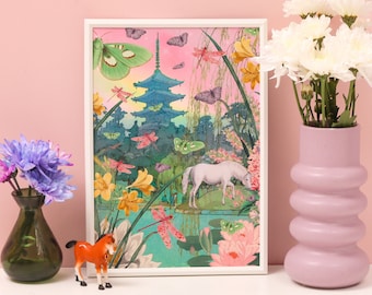 Einhorn Original Druck: Surreale Pastell Collage Wohnkultur