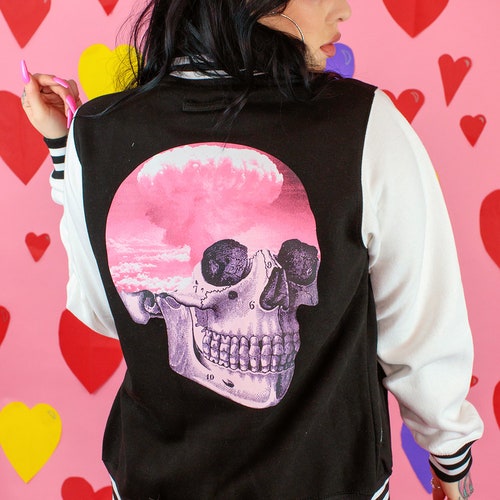 Pastel Goth Skull Varsity Jacket Pink Clouds Kawaii Clothing Kawaii