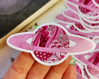 Planet Blumenaufkleber wetterfest glänzend Vinyl Saturn Astronomie himmlisch rosa Pastel Goth Stationäres Geschenk
