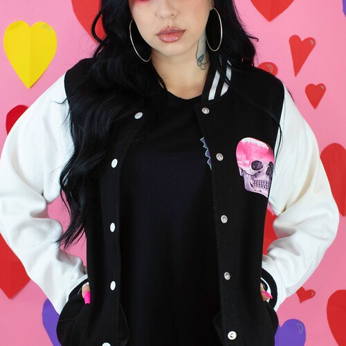 Pastel Goth Skull Varsity Jacket Pink Clouds Kawaii Clothing Kawaii
