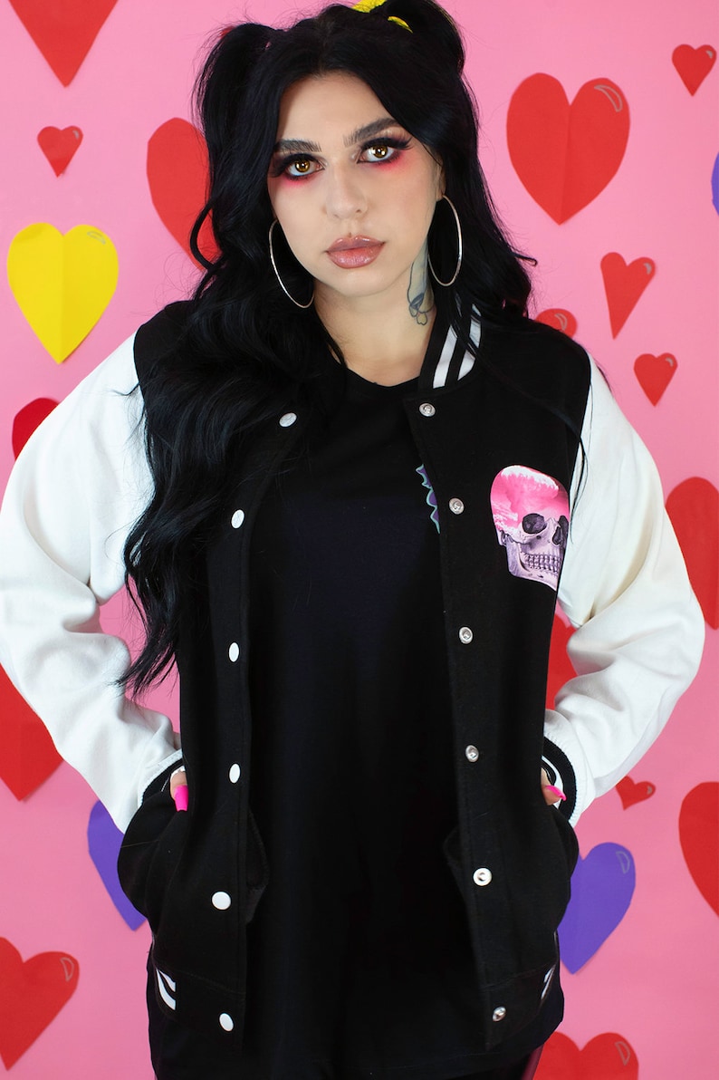 Pastel Goth Skull Varsity Jacket Pink Clouds Kawaii Clothing Etsy