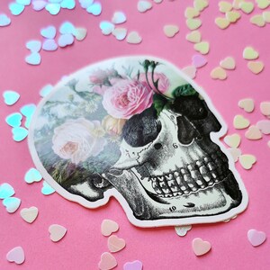 May include: A white skull sticker with a floral design. The skull is outlined in black and has a detailed anatomical drawing of the teeth and bones. The flowers are pink and white roses with green leaves. The sticker is on a pink background with iridescent heart-shaped confetti.