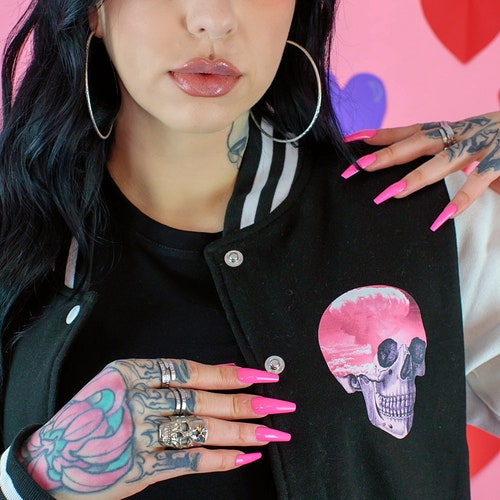 Pastel Goth Skull Varsity Jacket Pink Clouds Kawaii Clothing Kawaii