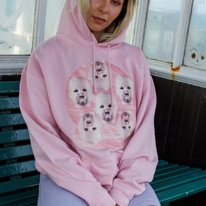 May include: A pink hoodie with a graphic print of multiple baby faces on a pink background. The hoodie has a drawstring hood and a kangaroo pocket.