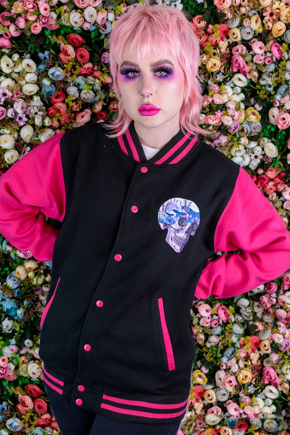Pastel Goth Skull Varsity Jacket Pink Clouds Kawaii Clothing Kawaii