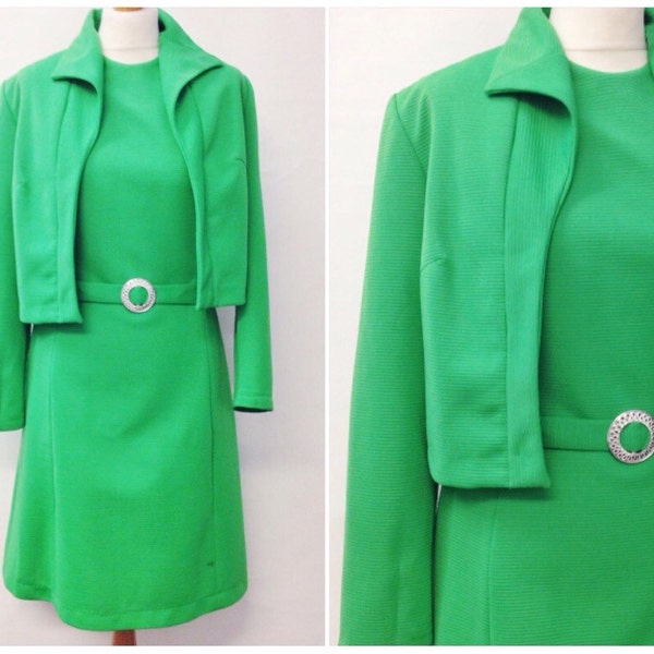 SALE Vintage 1960's Mod Dress Suit Green Go Go Girl Crimplene Shift Dress