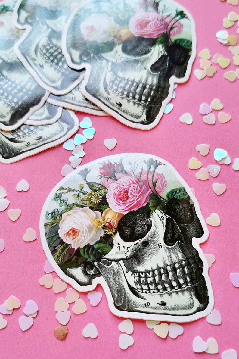 May include: A black and white anatomical skull sticker with a floral design. The skull is surrounded by pink, white, and yellow roses and other flowers. The sticker is on a pink background.
