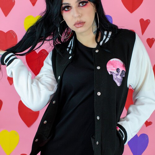 Pastel Goth Skull Varsity Jacket Pink Clouds Kawaii Clothing Kawaii