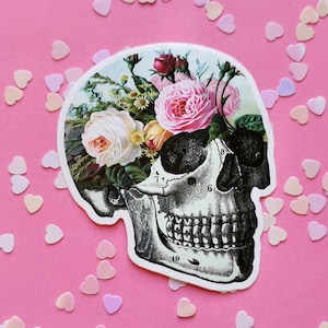 May include: A black and white anatomical skull with a bouquet of pink, white, and yellow flowers growing out of the top of the skull.