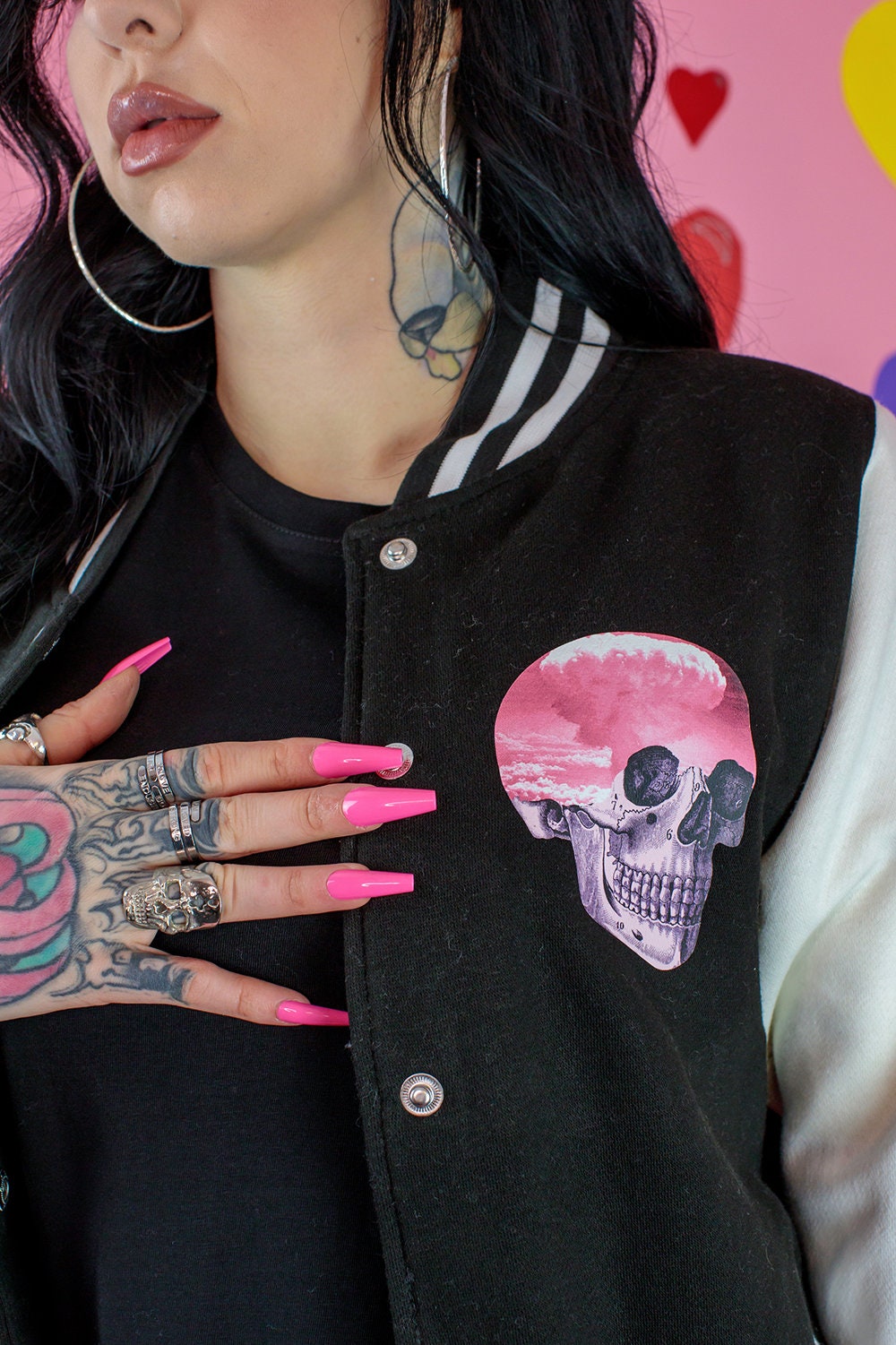 Pastel Goth Skull Varsity Jacket Pink Clouds Kawaii Clothing Kawaii