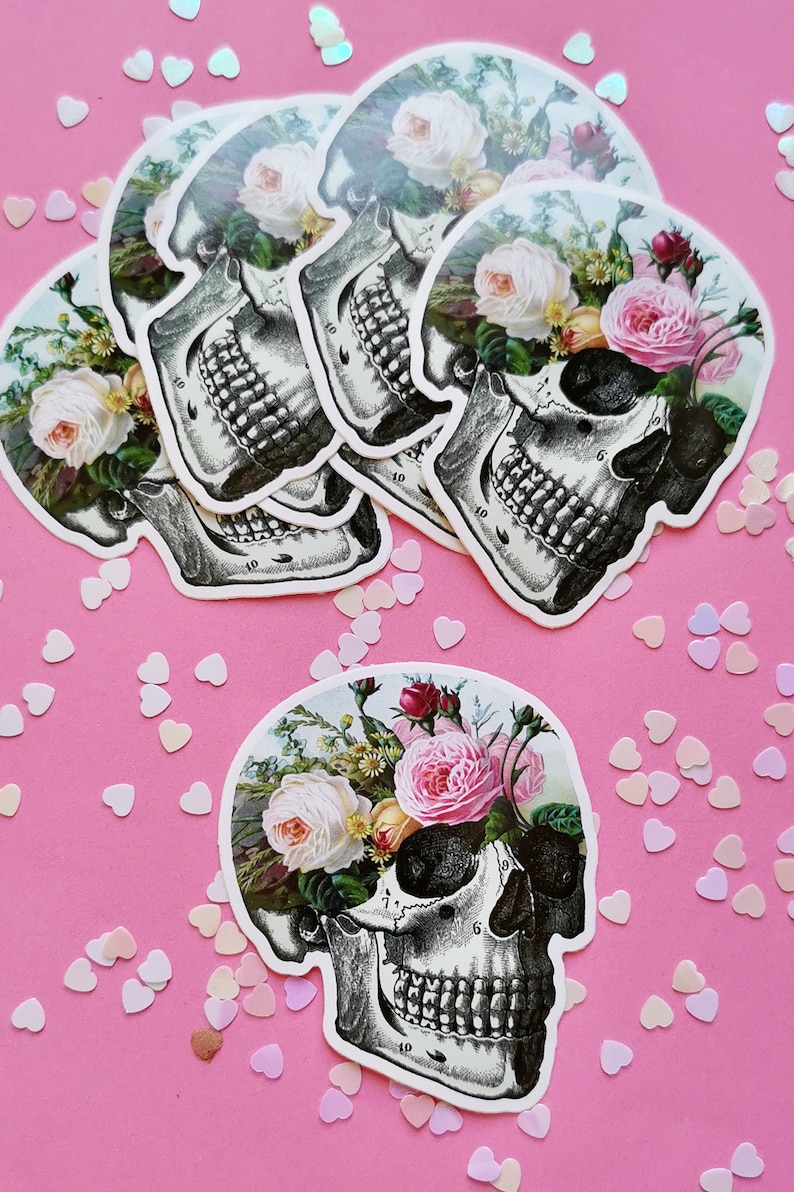 May include: Five stickers of a black and white anatomical skull with a floral arrangement inside. The flowers are pink, white, and yellow. The stickers are on a pink background with white confetti hearts.