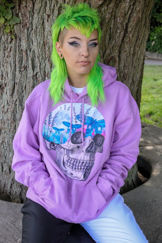 Lavender Moon Skull Hoodie: Pastel Goth Oversized Clothing