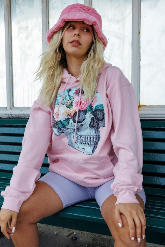 Floral Skull Baby Pink Hoodie: Pastel Goth Oversized Pullover
