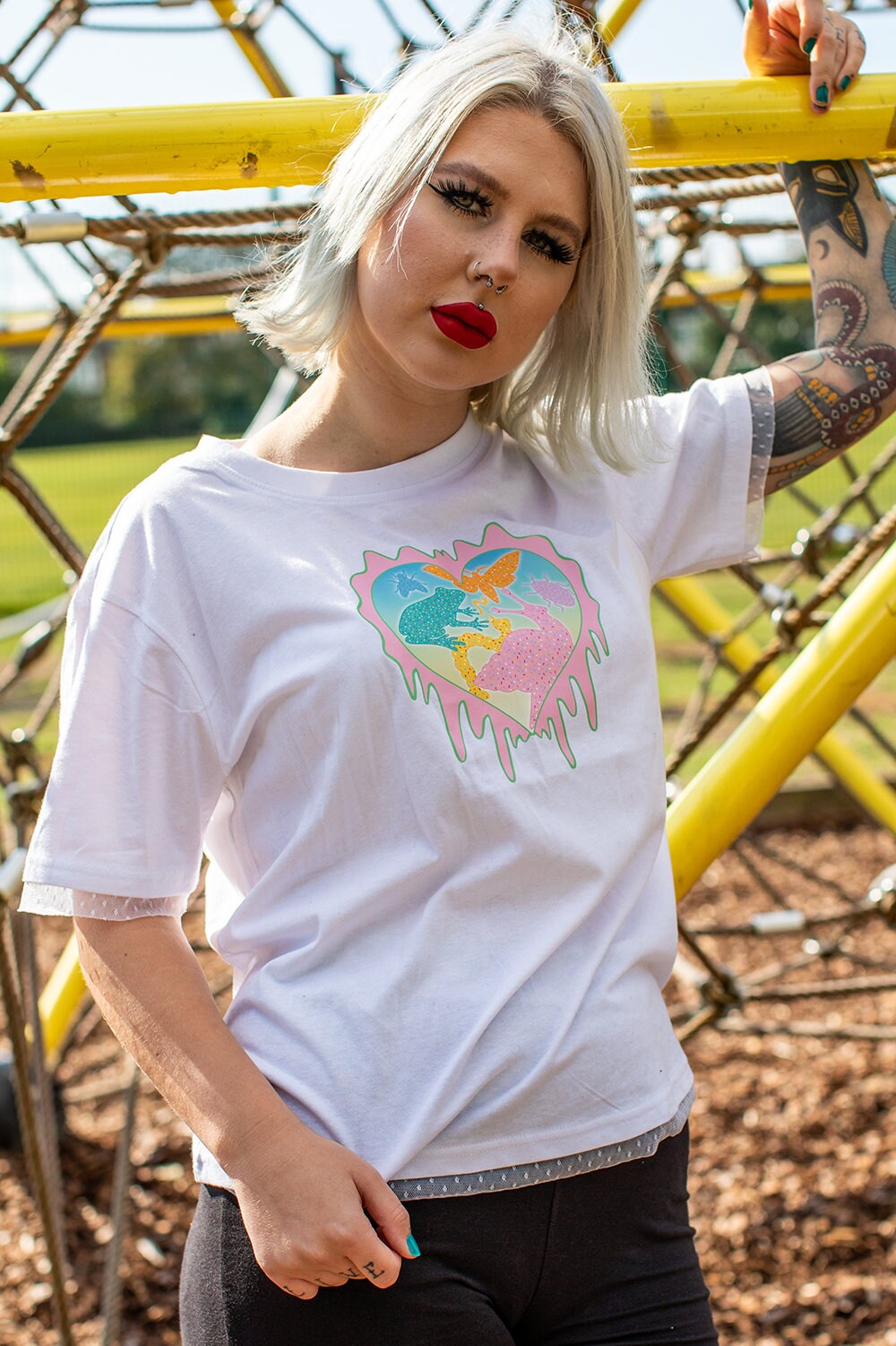 Image of Creature Club White Lace Top Bug Insect Print Cute Heart Tshirt Pastel Goth Kawaii Soft Clothing