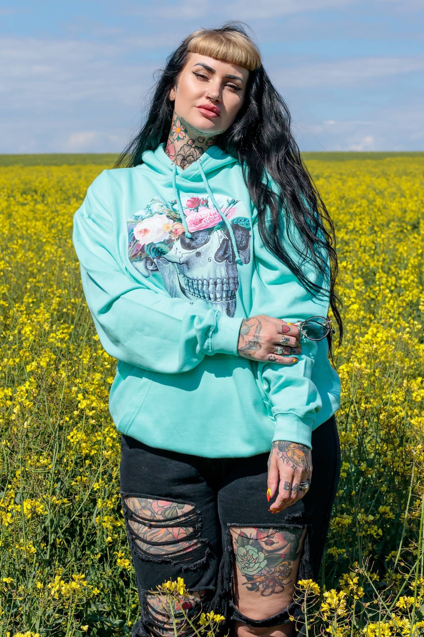 Anatomy Floral Skull Hooded Top Peppermint Green Oversized Hoody Pastel Clothing Pastel Goth Kawaii Clothing Hoodies For Women