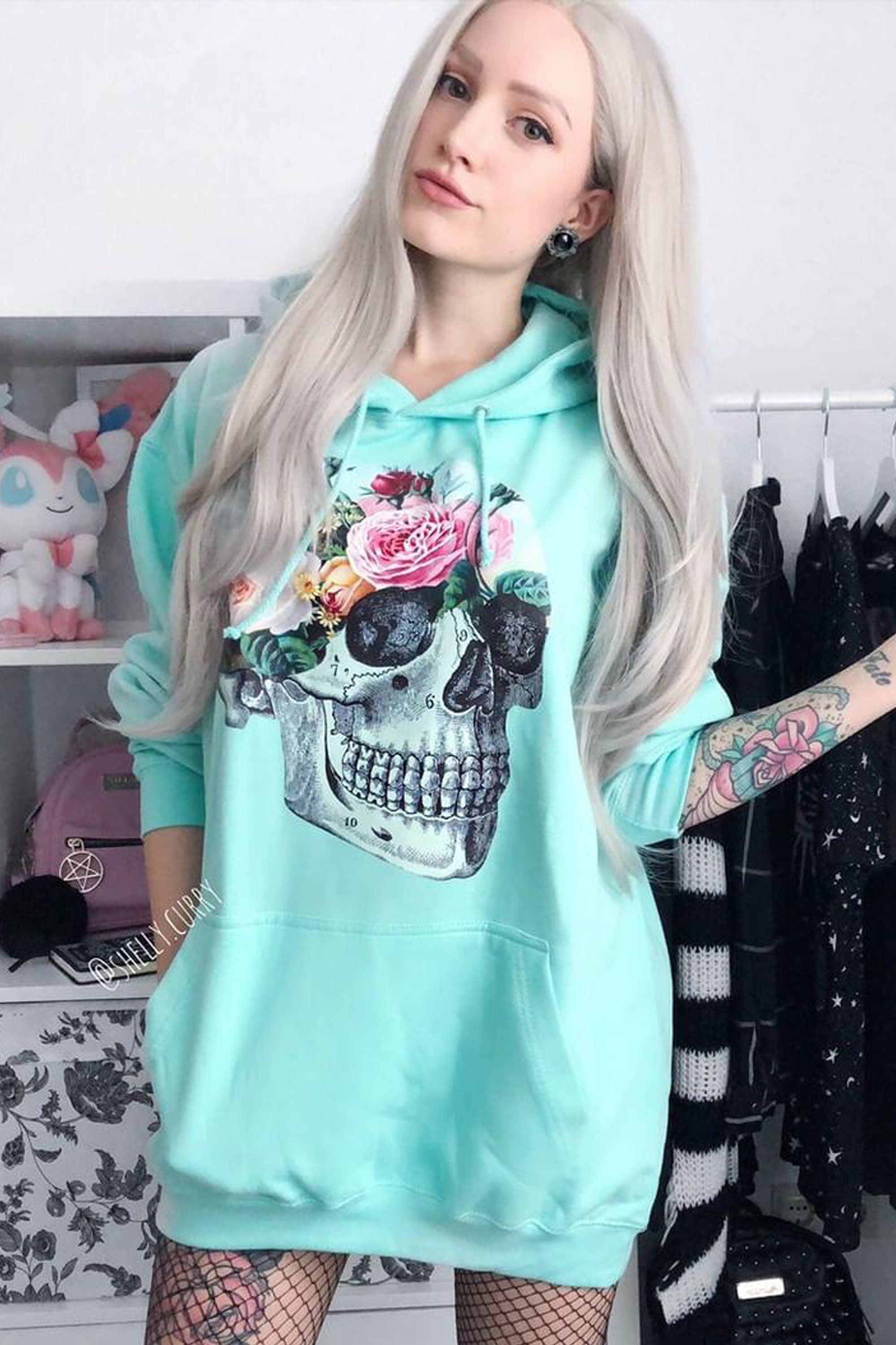 Image of Anatomy Floral Skull Hooded Top Peppermint Green Oversized Hoody Pastel Clothing Goth Kawaii Hoodies For Women
