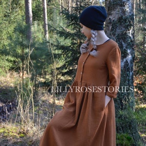 Abito in mussola, abito oversize, colore CARAMELLO, vestibilità ampia