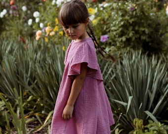 Mädchen Musselin Kleid Schmetterling Ärmel Baumwolle ALTES PINK