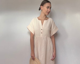 Robe pour femme ample à manches courtes en double gaze, grande taille