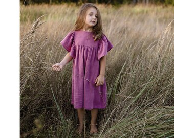 Girls Muslin Dress, Butterfly Sleeves, Cotton BLUEBERRY