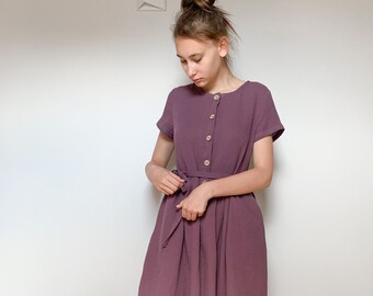 Robe pour femme ample à manches courtes en double gaze, couleur RAISIN, coton