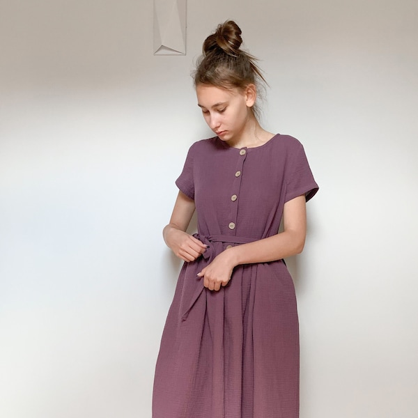 Loose short sleeve double gauze woman dress , GRAPE Colour,  Cotton