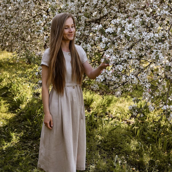 Musselin Kleid, Frauenkleid, Doppel Gaze, NATÜRLICHE Farbe