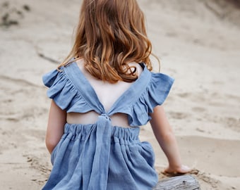 Robe courte en lin pour fille BLEU