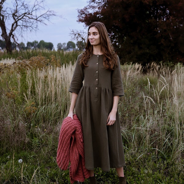 Woman Muslin Dress, WINTER MOSS  Colour