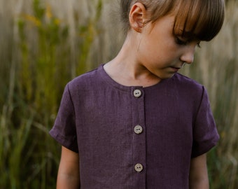 Linen short sleeve dress for girls, loose fit, PLUM