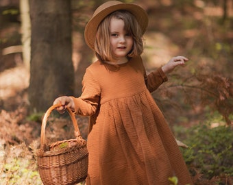 Abito bambina in mussola, manica lunga, cotone, caramello