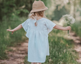 Mädchen Musselin Kleid Schmetterling Ärmel Baumwolle WEIß