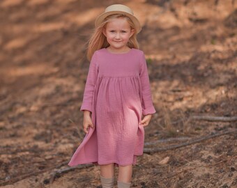 Girls, Muslin Long Sleeve Dress, Cotton, OLD PINK