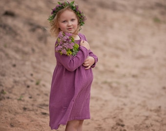 Mädchen Musselin Langarm Kleid Baumwolle Blaubeere