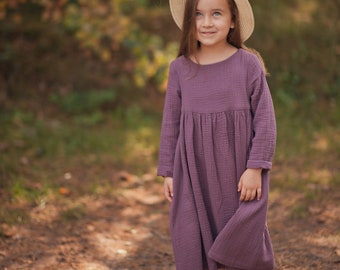 Girls Muslin Dress, Long Sleeve, Cotton, GRAPE Colour