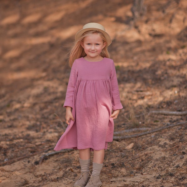 Fille, Robe à manches longues en mousseline, Coton, ROSE VIEUX